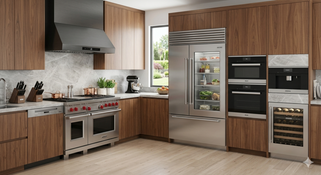 Walnut kitchen with premium residential appliances and custom cabinetry