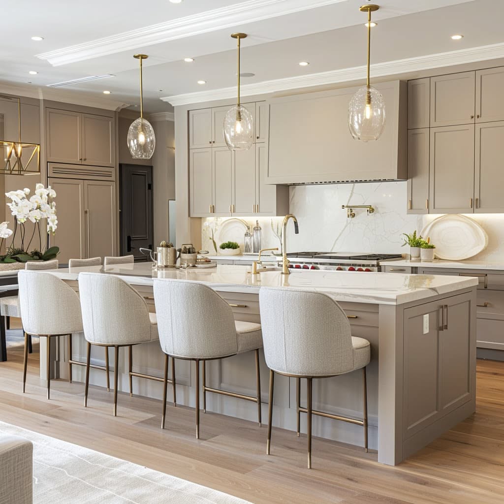 Transitional kitchen with warm cabinetry and brass details